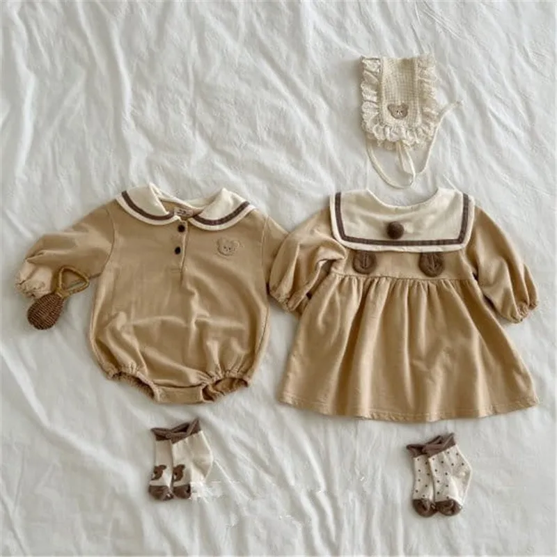 2024 Autumn New Baby Girl Navy Collar Bodysuit Cute Bear Print Infant Jumpsuit Toddler Princess Dress Cotton Baby Girl Clothes