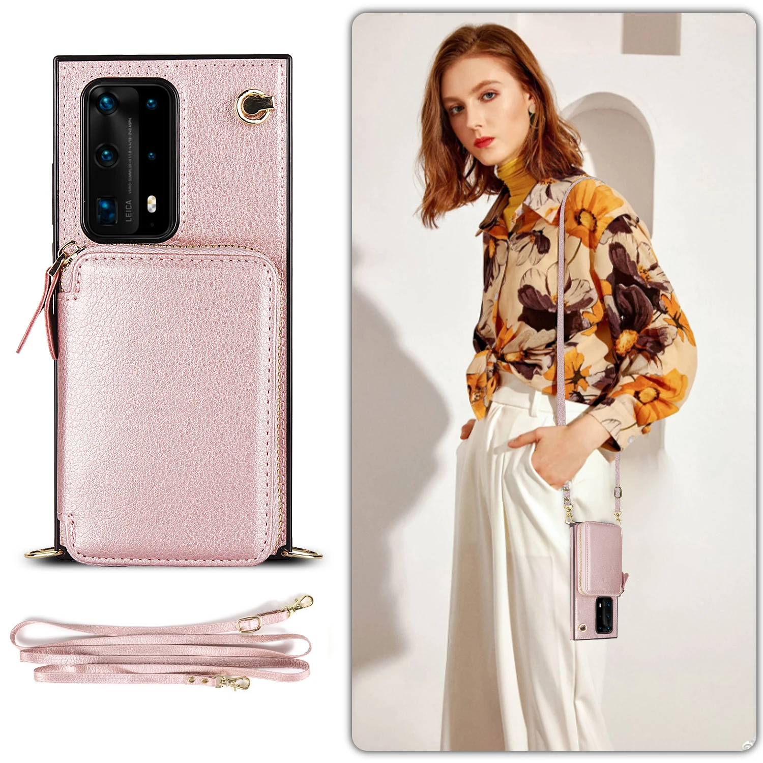 Solid Color Zipper Wallet Phone Case For Huawei P30 P40 Plus Mate 20 Lite Mate 30 40 Pro With Card Holder Lanyard Strap Cover