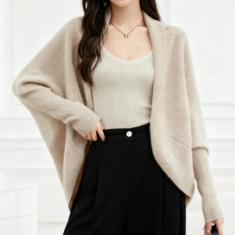 Autumn and Winter New Women's Cardigan Batman Solid Color Sweater Fashionable and Elegant Knitted Loose Cape Vintage Shawl Top