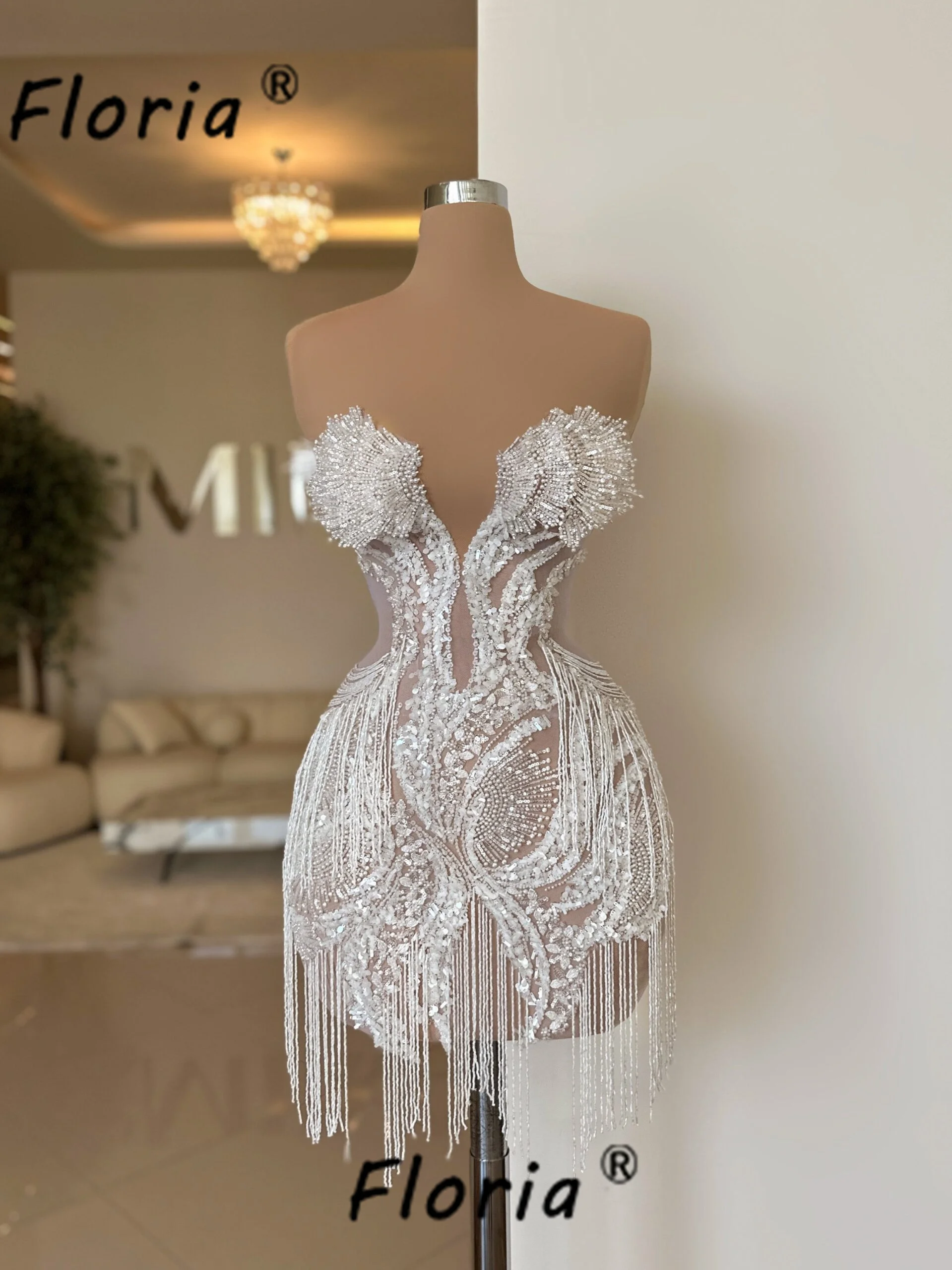 Cocktail Dress Hand Sew Beads Tassel 3D Appliques Ivory Sequin Pearls Short Prom Dresses vestidos para eventos especiales