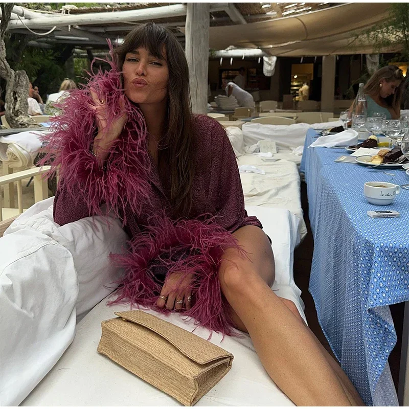 Glitter Feather Oversize Shirt Women Fashion Sparkle Stand Collar Single-breasted Long Flare Sleeve Blouse Lady Y2K Outwear