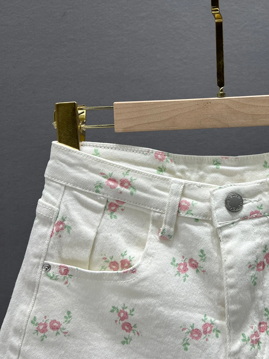 White Color Denim Shorts Women's 2024 New Summer Elastic High Waist Slimming All-Matching Printed A-line Jeans Hot Short Pants