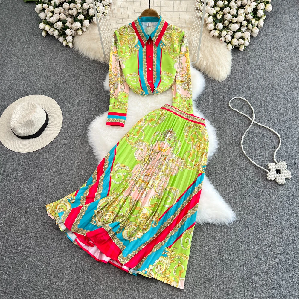 

European and American Retro Temperament Printed Single-breasted Shirt High Waist Pleated Skirt Two-piece Set