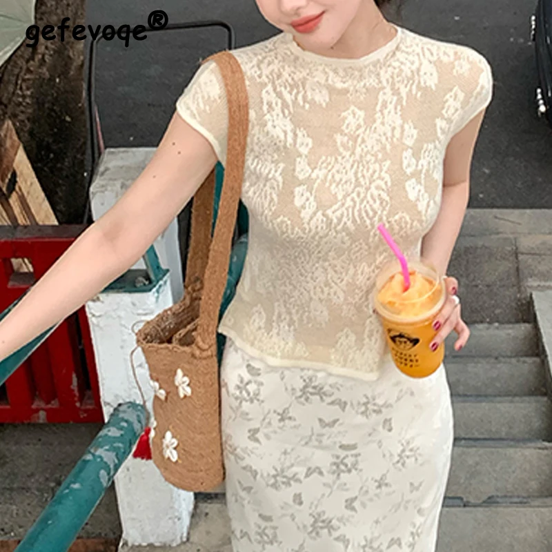 

Women Clothing 2024 Summer Fashion Sexy Vintage Lace Slim Elegant Basic T-shirt Female Casual O Neck Short Sleeve Pullover Tops