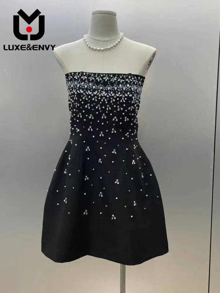 

LUXE&ENVY Niche Design Sense Diamond Studded Bra Fluffy Dress Off Shoulder Slim Fit Backless Small Black 2023 Summer