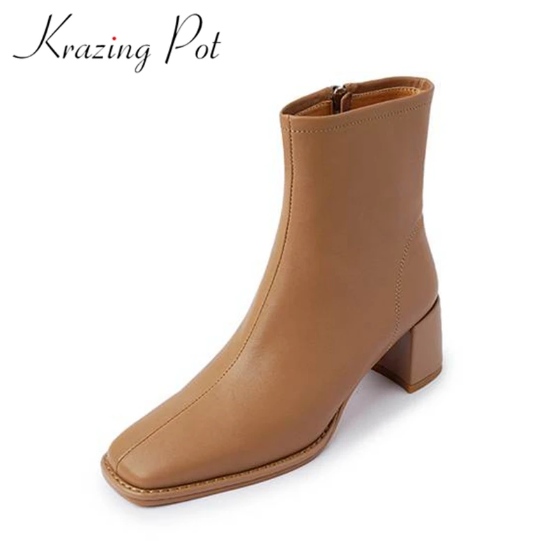 

Krazing Pot Sheep Leather Thick Heels Square Toe Winter Warm Chelsea Boots Thick Med Mature Lady Vintage Casual Ins Ankle Boots