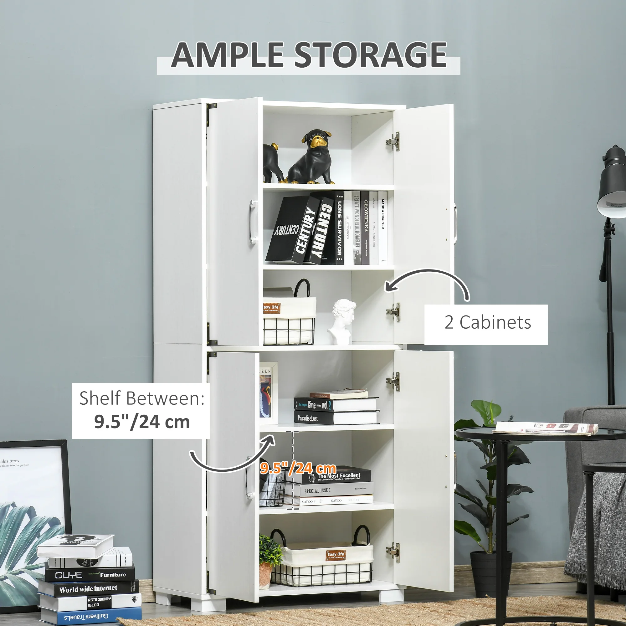 Industrial Style 4-Door Pantry Cabinet Organizer W/ Storage Shelves, White 3