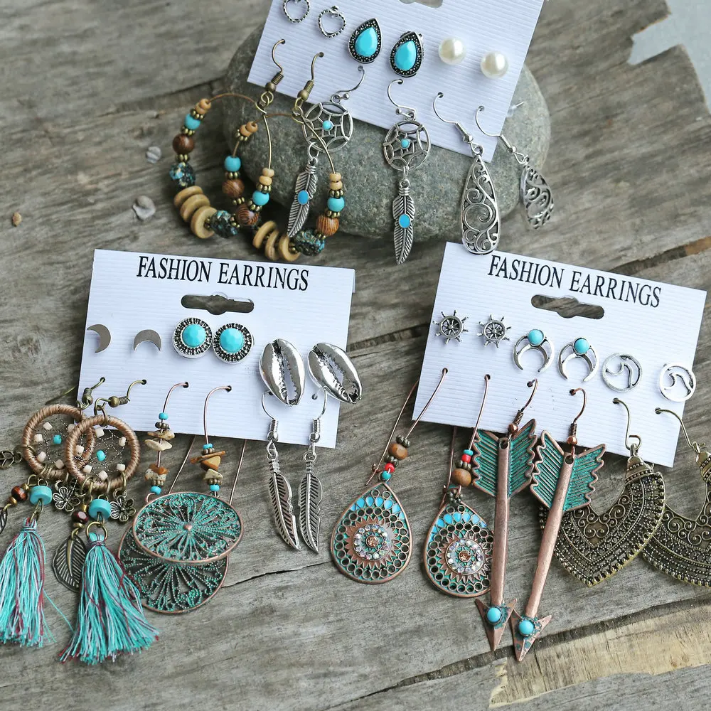 

European and American Style Fashion Earrings Creative Dreamcatcher Tassel Shell Leaf Retro Combination Earrings Six-Piece Set