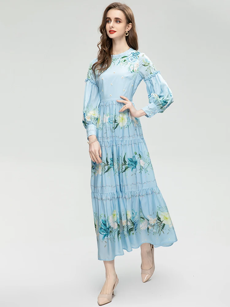 

MoaaYina Fashion Designer dress Spring Women's Dress Lantern Sleeve Beading Flower Print Blue Elegant Holiday Party Dresses