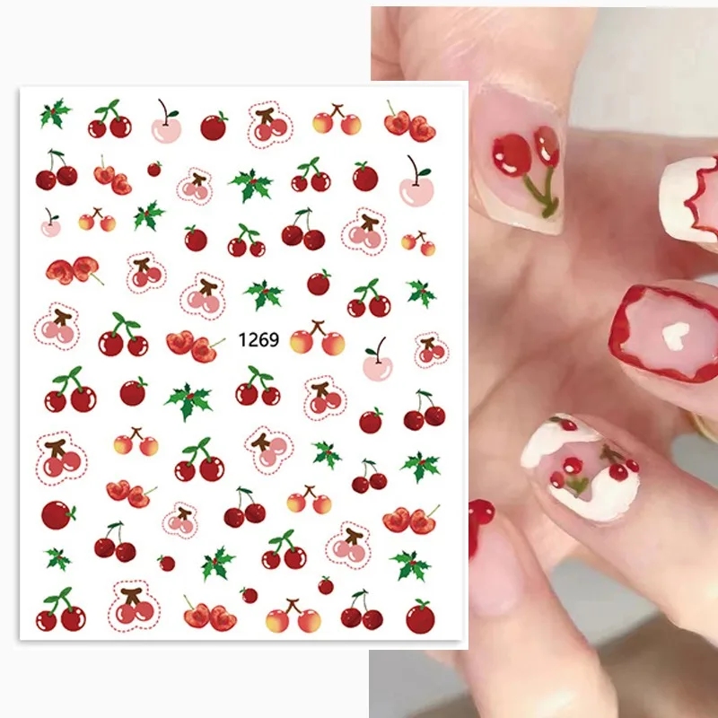 

3D Nail Stickers Summer Strawberry cherry fruit Decals Back Glue Nail Decal Stickers For Nail Tips Beauty