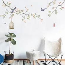 Chinese Style Tree Branch Flower Birds Cage Wall Stickers Living Room Background Wallpaper Bedroom Home Decor Warm Wall Stickers
