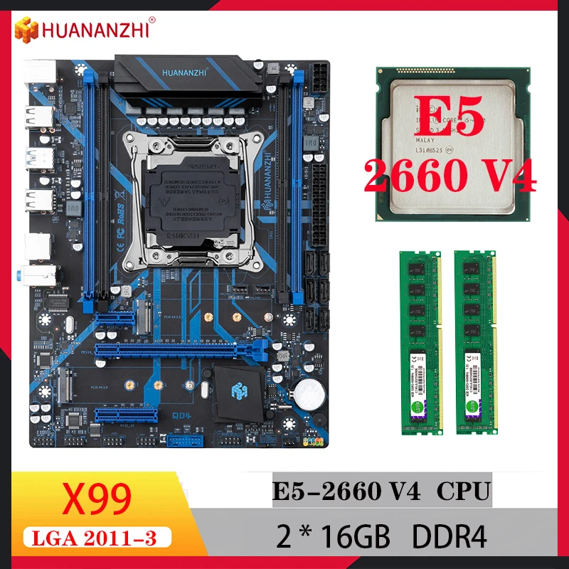 

huananzhi x99 qd4 motherboards kit Intel xeon e5 2660V4 2*16gb motherboard and processor set 2660 V4 lga2011-3 ddr4 for computer