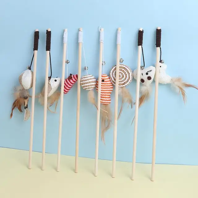 Cat Toy Cat Teaser Stick Handmade Cotton And Linen Woven Wooden Pole Cat Teaser Stick Cute Simulation Mouse Cat Interactive Toy 2