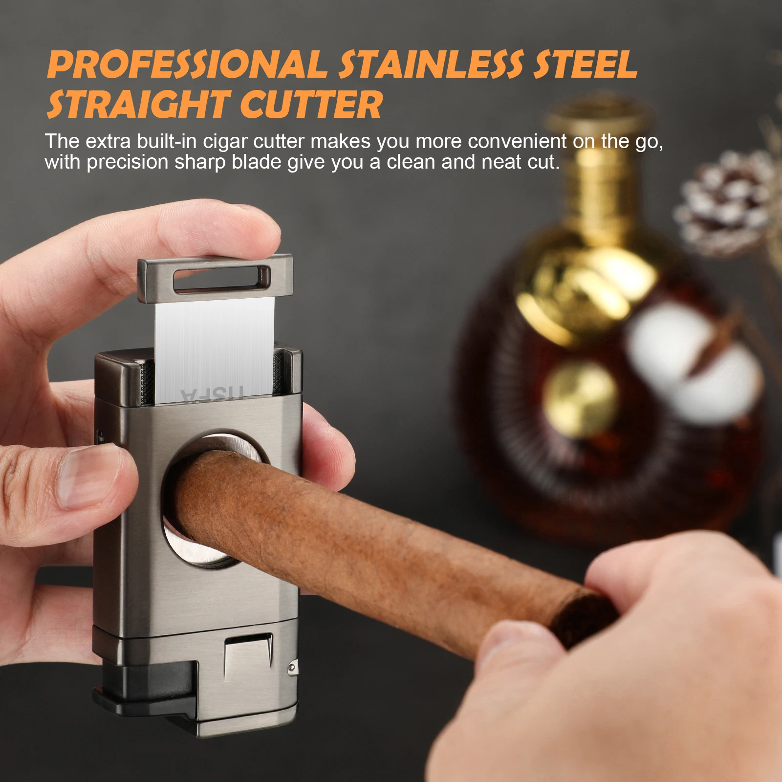 Cigar Torch Lighter with Built in Cigar Cutter,Triple Jet Flame Butane Lighter with Window,Refillable Butane Windproof Lighters