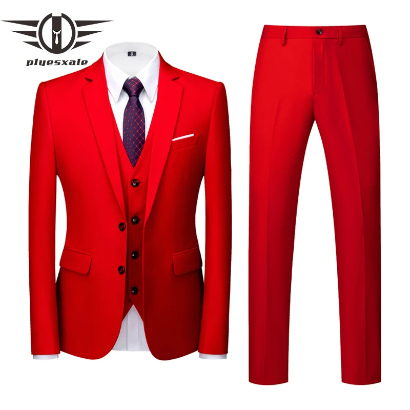 

Plyesxale Red Men Suit Wedding Costume Homme Mariage Three Pieces Terno Masculino Slim Fit Office Business Formal Suits Q1025