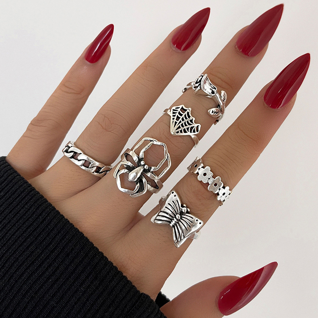 Punk Metal Multi Element Ring Set For Women Men Antique Silver Butterfly Snake Skull Finger Rings Gothic Jewelry Gift