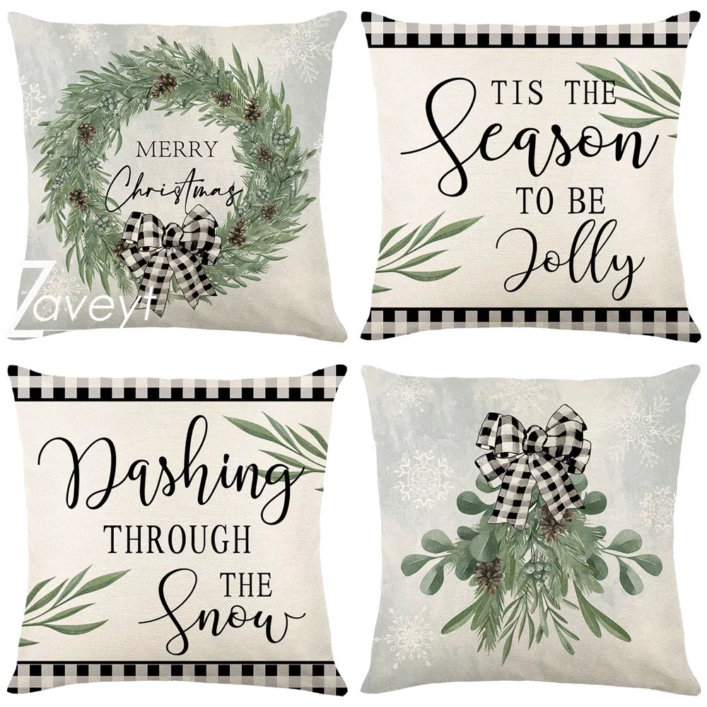 

40/45/50/60cm Green Pine Branch Wreath Linen Pillowcase Christmas Decoration Winter Snow Season Froest Letter Cushion Cover