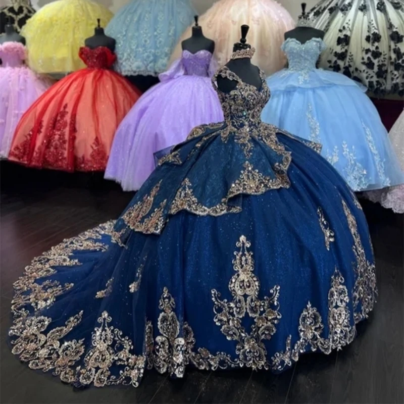 

Ashely Alsa Sparkly Navy Blue Quinceanera Dresses Glitter Sequins Applique Princess Prom Gown Sweet 16 Dress Vestidos De 15 Años