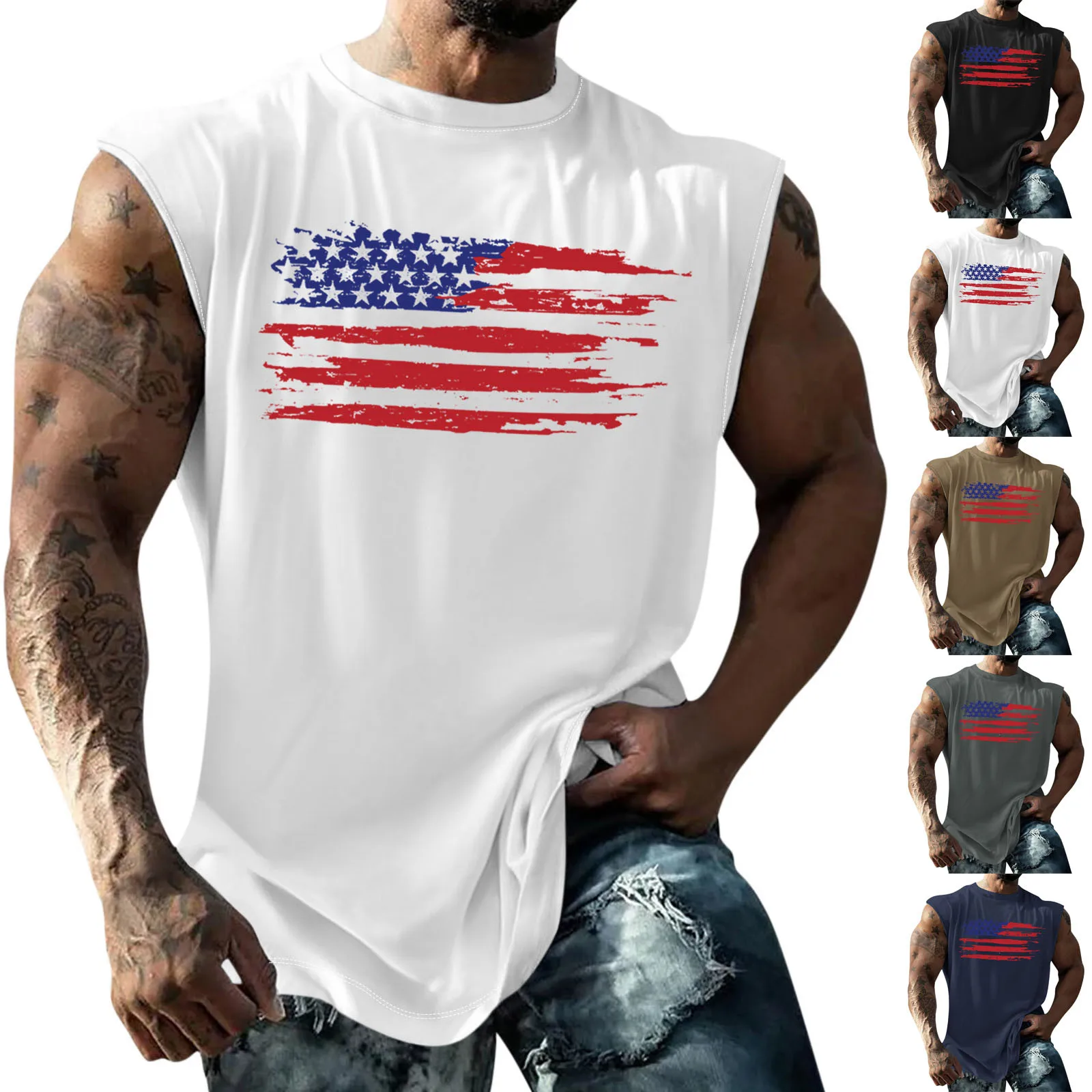 Description Picture 2 of itemMen'S Bottom Shirt Independence Day V-Neck 3d Outdoor Street Sleeveless Printed Clothing Athletic Casual Big & Tall Tank Top