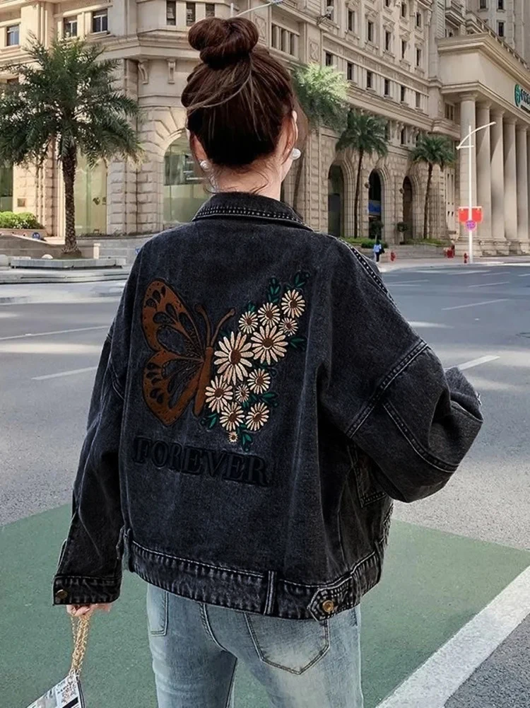Butterfly Flower Embroidered Letter Denim Jacket Woman Spring Autumn Coat Cotton Outerwear Button Female Girl Casual Jeans