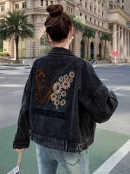 Butterfly Flower Embroidered Letter Denim Jacket Woman Spring Autumn Coat Cotton Outerwear Button Female Girl Casual Jeans
