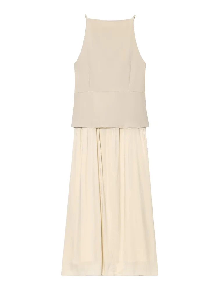 TFMLN Summer Elegant Vest Dress For Women Chic Patchwork Square Neck Sleeveless High Waist Splice Long Dress Fashion High Street