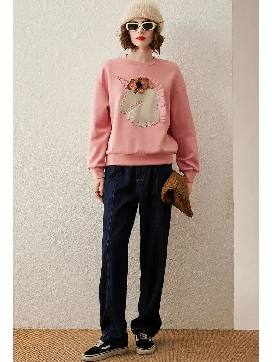 LOUIS YAO Women's Hoodies 2023 Autumn Long Sleeve O-Neck Round Neck Drop-shoulder Loose Unicorn Patch Embroidery Basic Tops