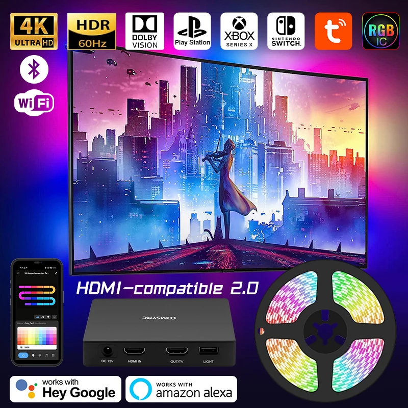 Rgb Ic Smart Ambient Tv Led Strip Retroilluminazione Kit Per 4K Hdmi 2.0 Tv Device Sync Box Wifi Alexa Voice Google Assistant Control