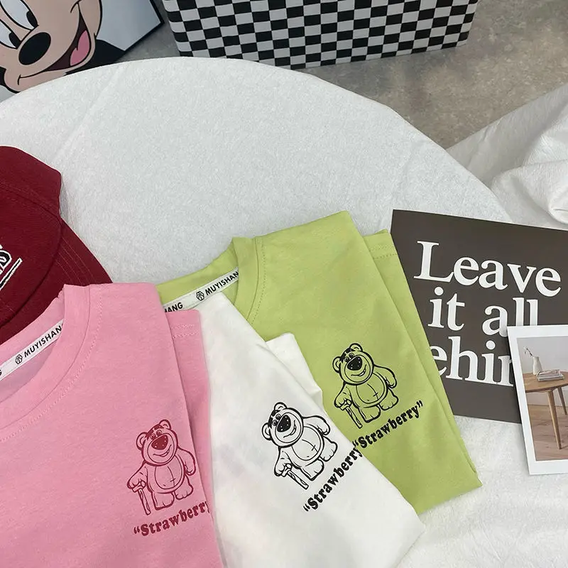 

Детские топы Disney, милая футболка для девочек, хлопковая мультяшная футболка для девочек, необычная дизайнерская летняя детская футболка с рисунком маленького медведя