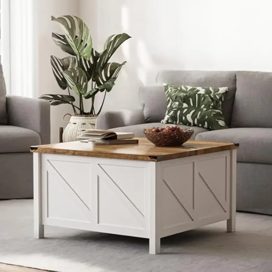 

Farmhouse Coffee Table,Square Wood Center Table with Large Hidden Storage Compartment for Living Room,Rustic Cocktail Table