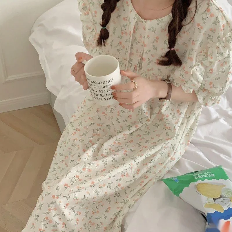 Summer Nightgowns for Women Short Sleeve Floral Nightdress Sweet Dress for Sleeping Korea Sleepshirt Pajamas Loose Home Clothes