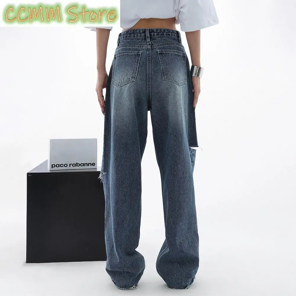 2024 Women Jeans High Waist Ripped Denim Trousers Blue High Street Straight Casual Baggy Pants Wide Leg Jeans Female Oversize