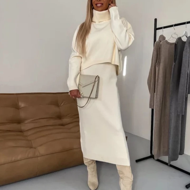 

Elegant Knitted Outfits Fashion Turtleneck Pullover Tops and Long Skirt Suits Women Casual Long Sleeve Solid Sweater 2 Piece Set