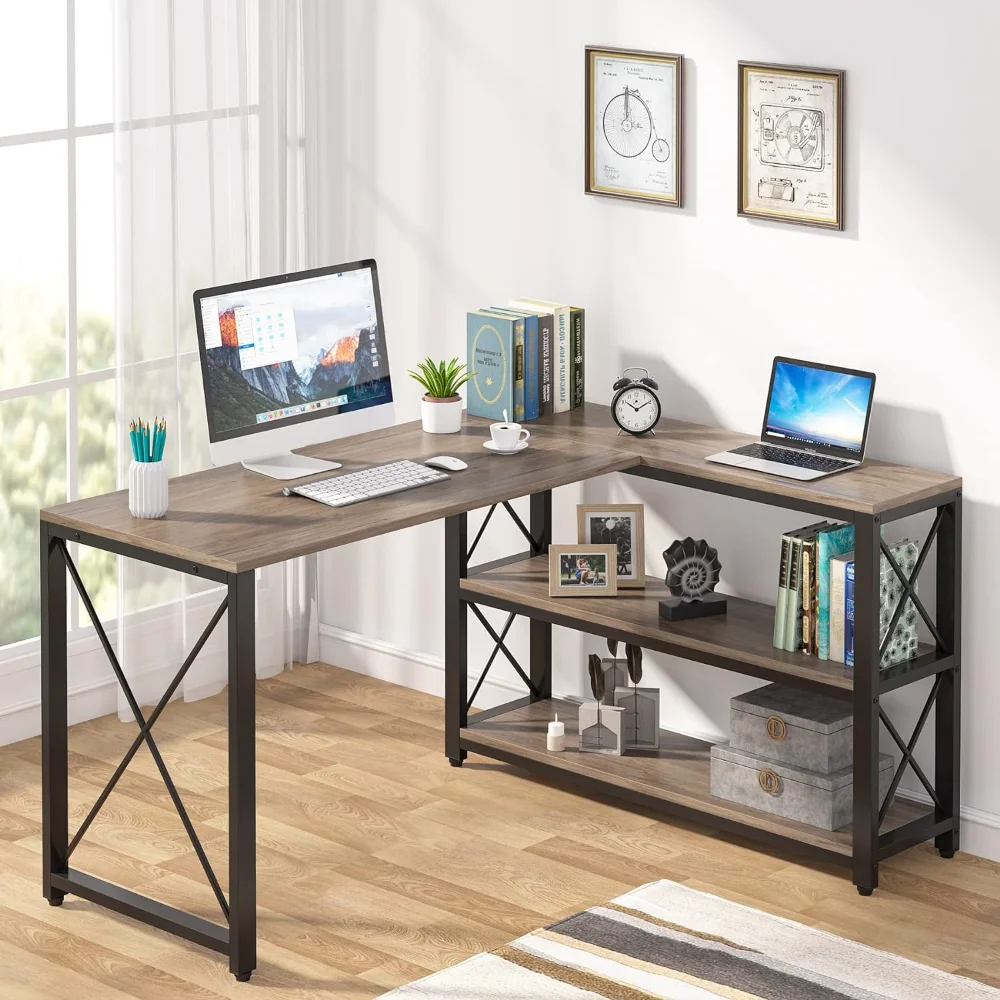 Reversible Industrial L-Shaped Desk with Storage Shelves 1