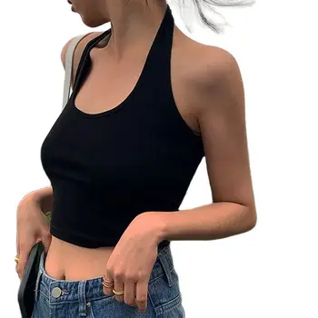 Cotton Sexy Backless Black White Tank Tops Halter Streetwear Vest Female Crop Top Summer 2024 Basic T-shirts Ladies Tube Camis 1