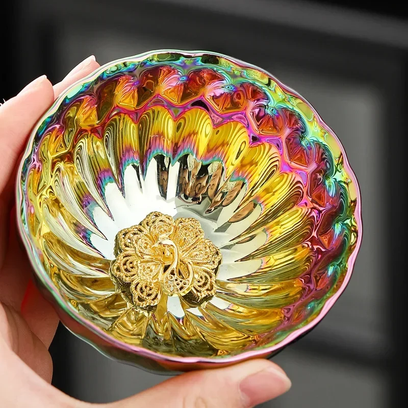 Kiln Baked Colorful Gold Inlaid Lotus Gilding Jianzhan Tea Cup Tea Savoring Cup Kung Fu Tea Cup Ceramic Household Master Cup