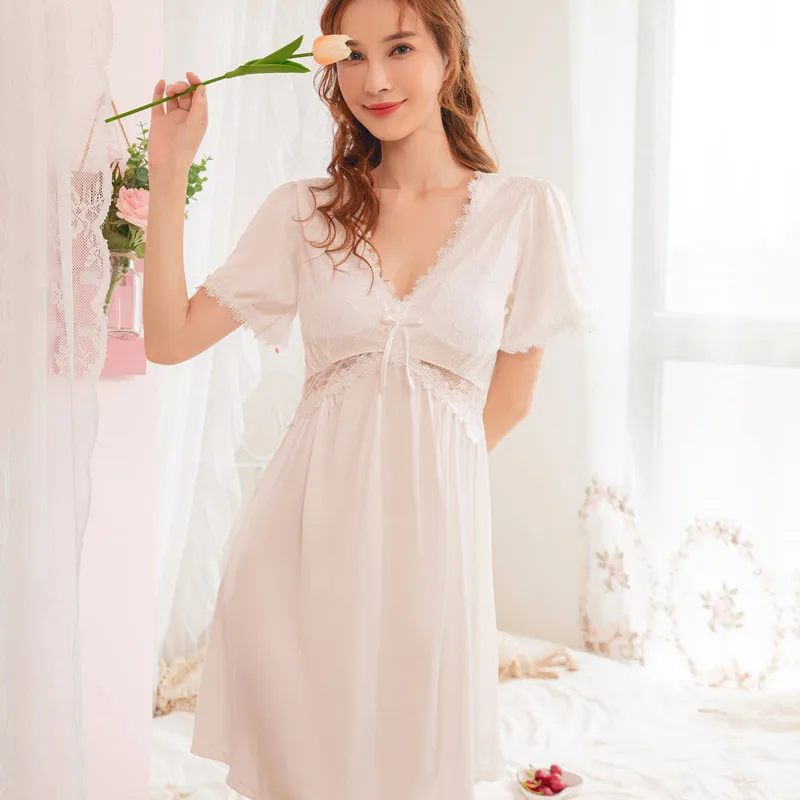 Sweet V-neck Lace Home Casual Sleepwear Dress with Built-In Bra