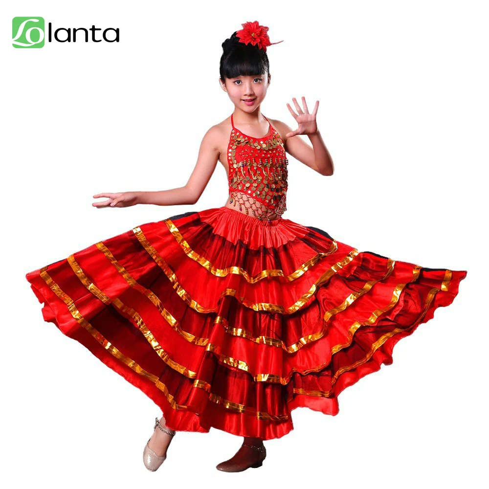 LOlanta Girls Spanish Flamenco Skirt Gypsy Belly Dancer Performance Costume Set 4-11 Years kids clothes children dance suit