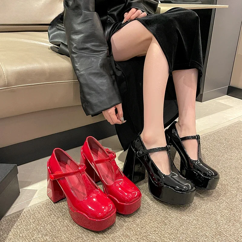 

Women's Mary Jane Shoes Fashion Shallow Buckle Lady Elegant Square High Heel Shoes Round Toe Platform Shoes Designer Women Pumps