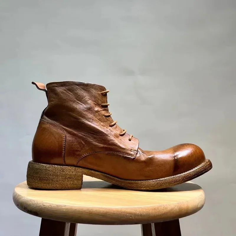 Washed Men's High Top Retro Leather Thick Soled High Rise Short