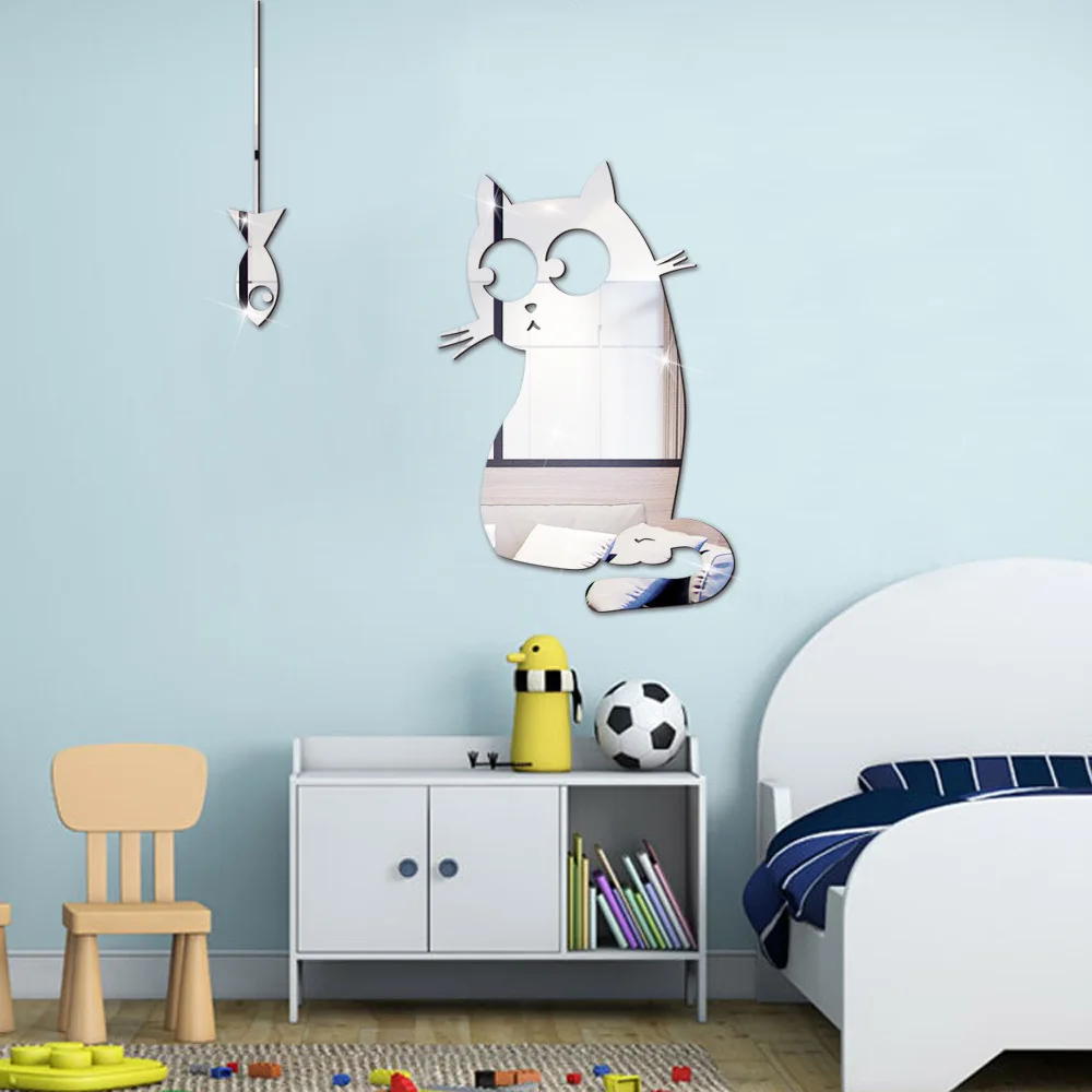 Cat Fish Wall Stickers Mirror WallPaper Decal For Living Room Bedroom  Bathroom Home Nordic Decoration Small Mirror 2022
