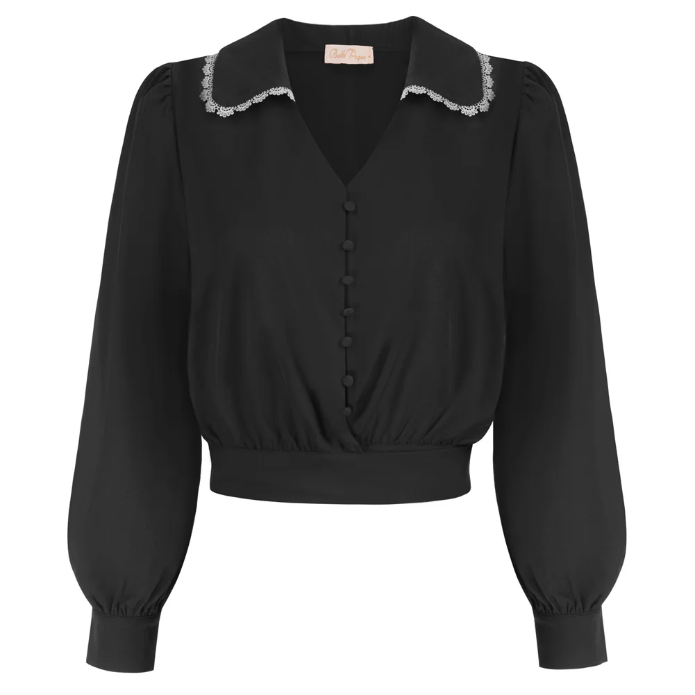 BP Women Vintage Cropped Shirt Summer Solid Long Lantern Sleeve Blouse Lapel V-Neck Button-up Tie Hem Tops Office Lady Workwear