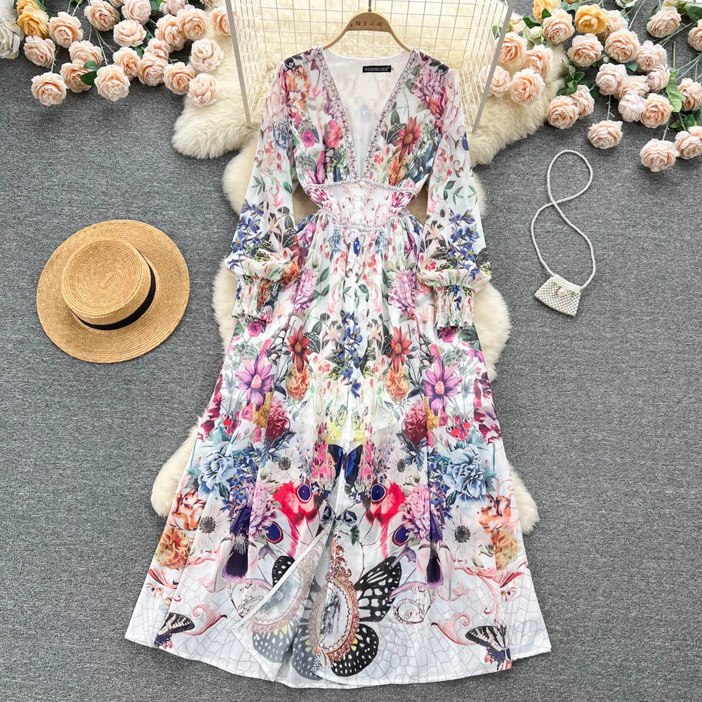 

Deep V-neck Long Sleeved Chiffon Skirt Shows a Slimming Temperament Waistband and Large Hem Printed Dress
