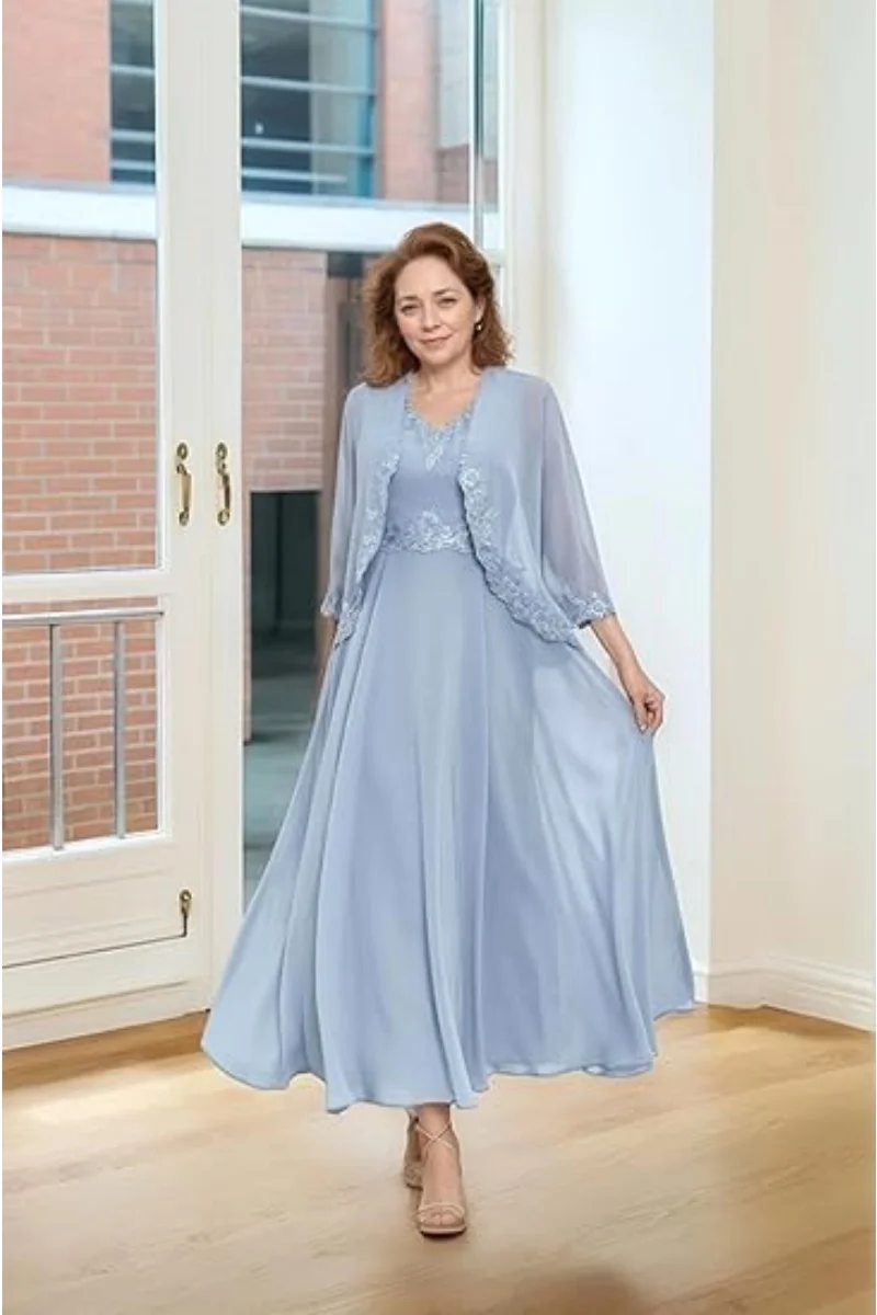 Lace Tea Length Formal Dresses With Jackets Pieces Mother Of The