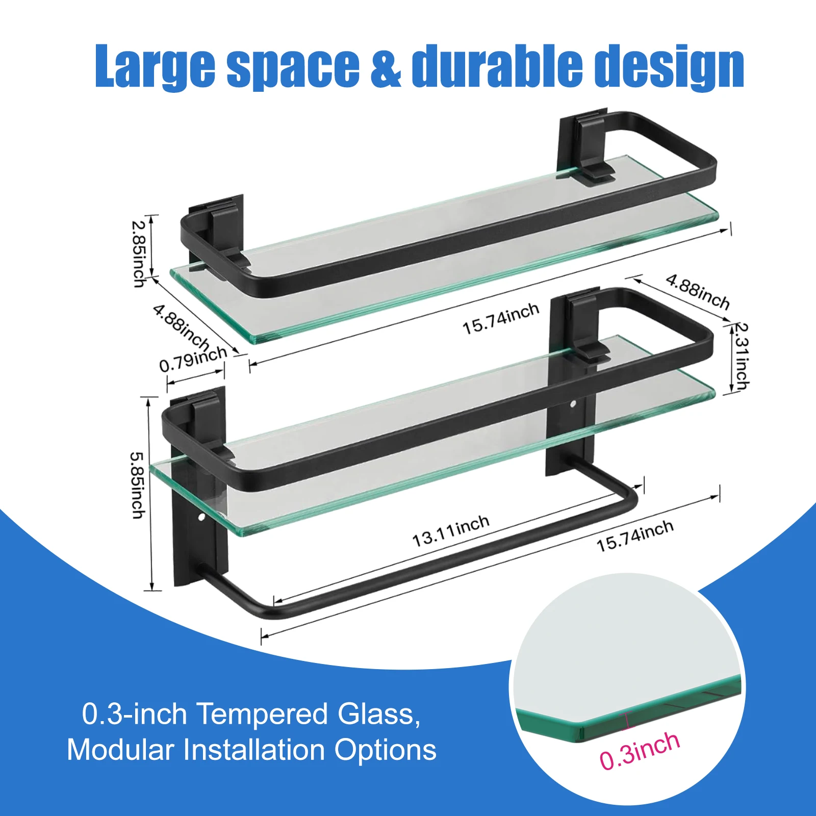 Glass Bathroom Shelf with Towel Bar 15.7in Bathroom Wall Shelves Rustproof Metal Bathroom Wall Organizer 2-Tier 4