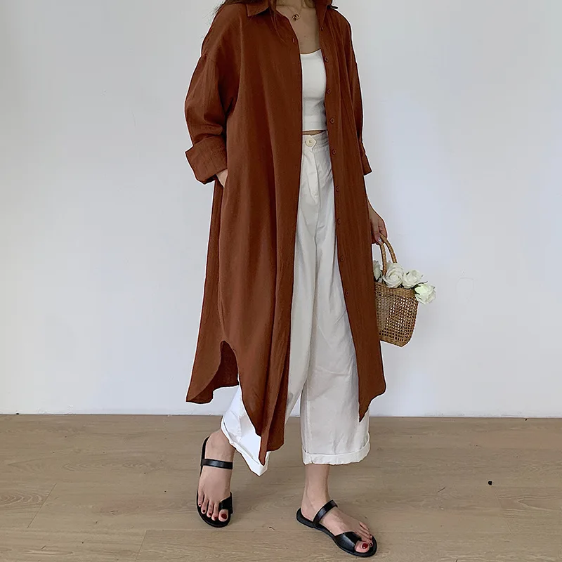 

Women Korean Fashion Simple Long Cardigan Spring Autumn Solid Shirts Tunics Office Lady Over Knee Casual Top