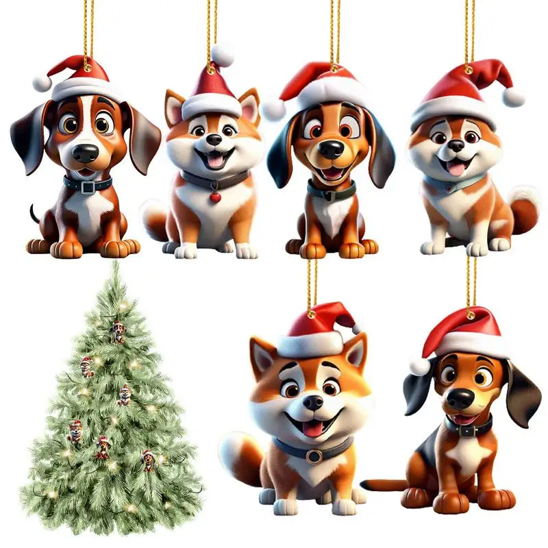 

6 Pcs Dog Christmas Tree Ornaments Acrylic 2D Dog Figurines Christmas Tree Hangings Pendant For Home Office Decorations