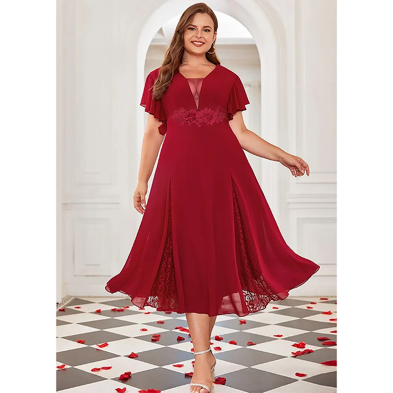 2023 Plus Size Short Sleeve Applique Dress Wedding Luxury V Neck Lace Plus Size Dress Women