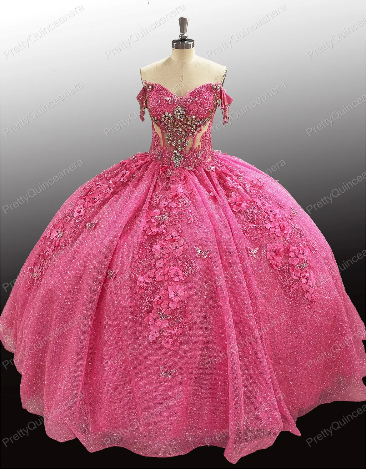 

PrettyQuinceanera Glitter Tulle Hot Pink Illusion Corset Crystal Quinceanera Dresses with Bow and Butterflies Hanging Bead Dress