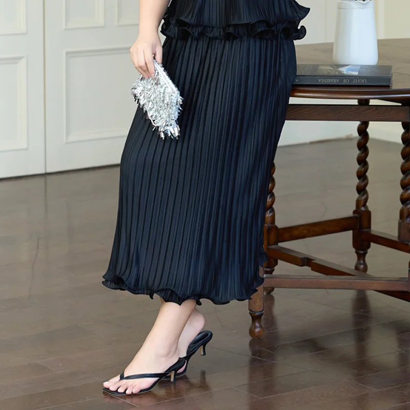 Plus Size Women's Long Skirts Premium French Fashion Fold High Waist A-Line Calf Length Bottoms Summer 2025